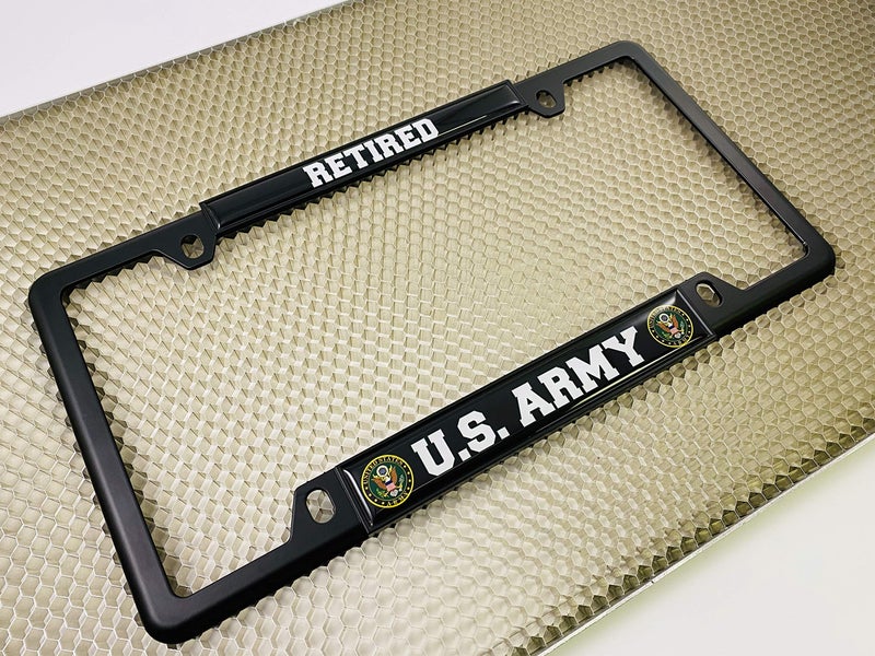 BestLicensePlateFrames [Officially Licensed Product] - U.S. Army Retired - Domed Custom-Made Personalized Narrow (Thin) Top 4 Hole Metal Car License Plate Frame with Free caps - Black (Quantity: 1 Frame) - Image 3